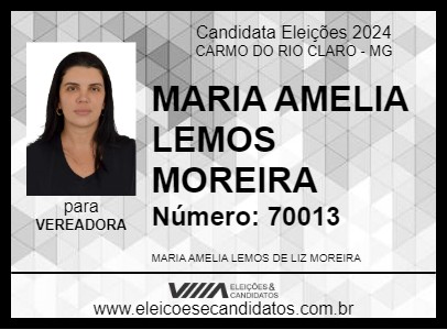 Candidato MARIA AMELIA LEMOS MOREIRA 2024 - CARMO DO RIO CLARO - Eleições