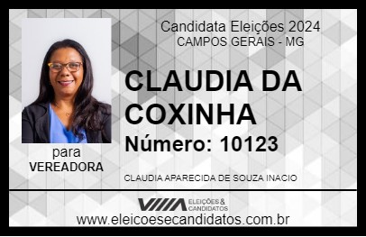 Candidato CLAUDIA DA COXINHA 2024 - CAMPOS GERAIS - Eleições