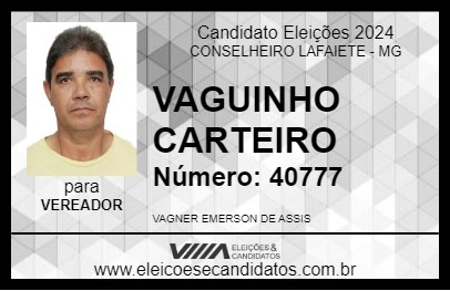 Candidato VAGUINHO CARTEIRO 2024 - CONSELHEIRO LAFAIETE - Eleições