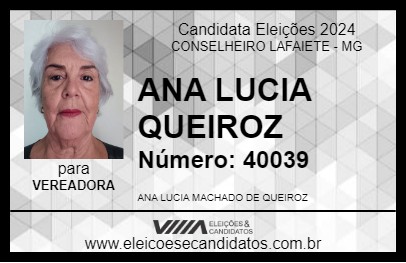 Candidato ANA LUCIA QUEIROZ 2024 - CONSELHEIRO LAFAIETE - Eleições