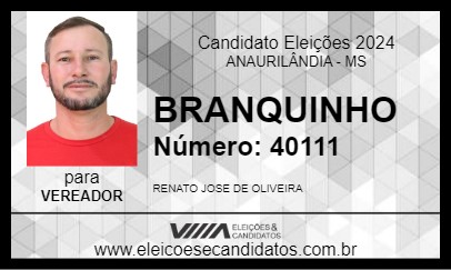 Candidato BRANQUINHO 2024 - ANAURILÂNDIA - Eleições