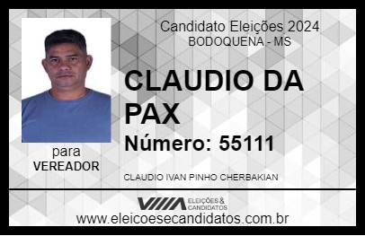 Candidato CLAUDIO DA PAX 2024 - BODOQUENA - Eleições