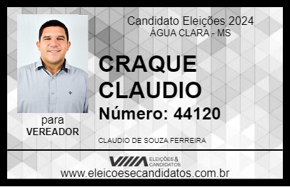 Candidato CRAQUE CLAUDIO 2024 - ÁGUA CLARA - Eleições