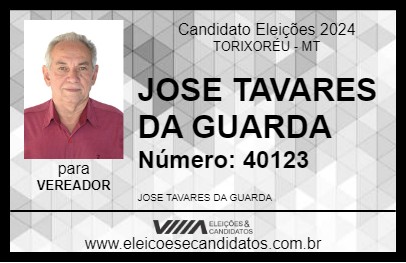 Candidato JOSE TAVARES DA GUARDA 2024 - TORIXORÉU - Eleições