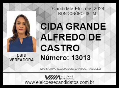 Candidato CIDA GRANDE ALFREDO DE CASTRO 2024 - RONDONÓPOLIS - Eleições