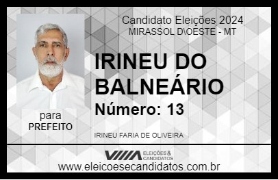 Candidato IRINEU DO BALNEÁRIO 2024 - MIRASSOL D\OESTE - Eleições