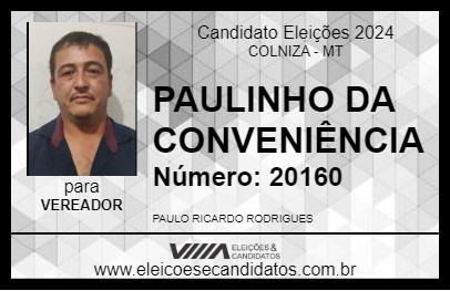 Candidato PAULINHO DA CONVENIÊNCIA 2024 - COLNIZA - Eleições