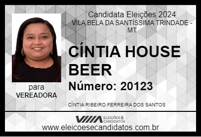 Candidato CÍNTIA HOUSE BEER 2024 - VILA BELA DA SANTÍSSIMA TRINDADE - Eleições