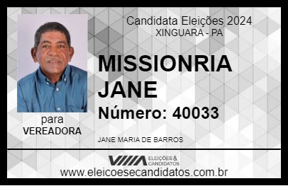 Candidato MISSIONRIA JANE 2024 - XINGUARA - Eleições