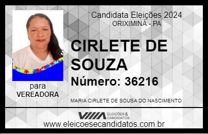 Candidato CIRLETE DE SOUZA 2024 - ORIXIMINÁ - Eleições