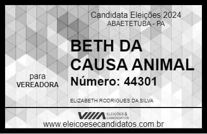 Candidato BETH DA CAUSA ANIMAL 2024 - ABAETETUBA - Eleições