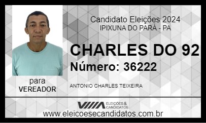 Candidato CHARLES DO 92 2024 - IPIXUNA DO PARÁ - Eleições