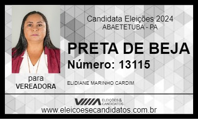 Candidato PRETA DE BEJA 2024 - ABAETETUBA - Eleições