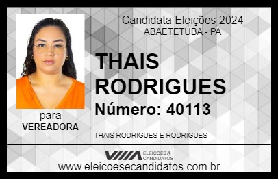 Candidato THAIS RODRIGUES 2024 - ABAETETUBA - Eleições