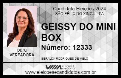 Candidato GEISSY DO MINI BOX 2024 - SÃO FÉLIX DO XINGU - Eleições