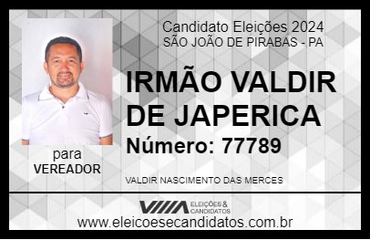 Candidato IRMÃO VALDIR DE JAPERICA 2024 - SÃO JOÃO DE PIRABAS - Eleições