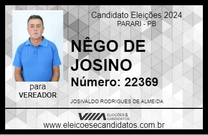 Candidato NÊGO DE JOSINO 2024 - PARARI - Eleições