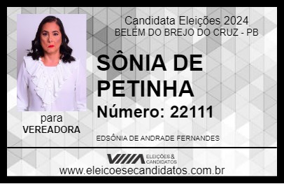 Candidato SÔNIA DE PETINHA 2024 - BELÉM DO BREJO DO CRUZ - Eleições