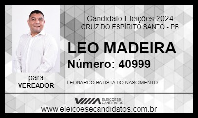 Candidato LEO MADEIRA 2024 - CRUZ DO ESPÍRITO SANTO - Eleições