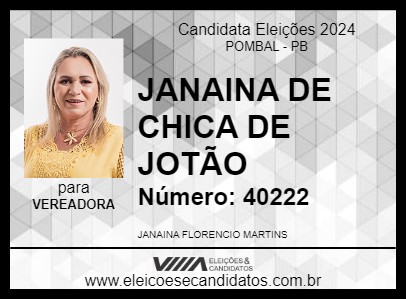 Candidato JANAINA DE CHICA DE JOTÃO 2024 - POMBAL - Eleições