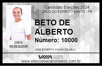 Candidato BETO DE ALBERTO 2024 - CRUZ DO ESPÍRITO SANTO - Eleições