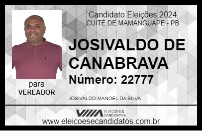 Candidato JOSIVALDO DE CANABRAVA 2024 - CUITÉ DE MAMANGUAPE - Eleições