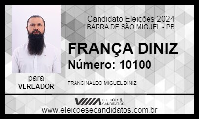 Candidato FRANÇA DINIZ 2024 - BARRA DE SÃO MIGUEL - Eleições