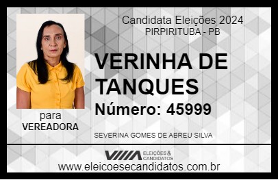 Candidato VERINHA DE TANQUES 2024 - PIRPIRITUBA - Eleições