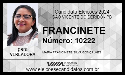 Candidato FRANCINETE 2024 - SÃO VICENTE DO SERIDÓ - Eleições