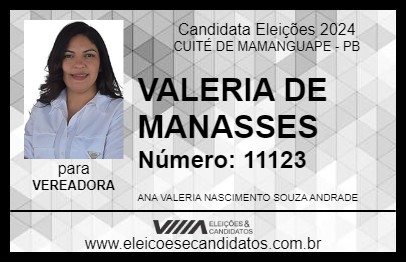 Candidato VALERIA DE MANASSES 2024 - CUITÉ DE MAMANGUAPE - Eleições