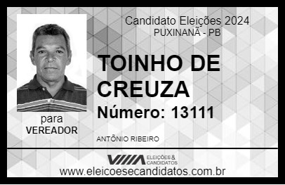 Candidato TOINHO DE CREUZA 2024 - PUXINANÃ - Eleições