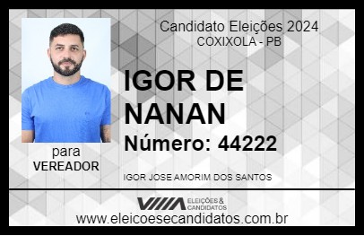 Candidato IGOR DE NANAN 2024 - COXIXOLA - Eleições