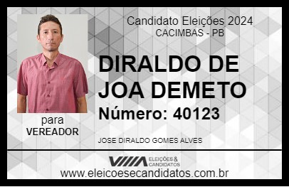 Candidato DIRALDO DE JOÃO DEMETO 2024 - CACIMBAS - Eleições