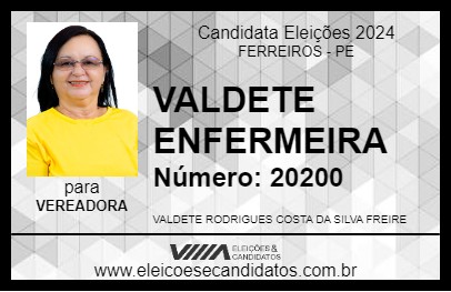 Candidato VALDETE ENFERMEIRA 2024 - FERREIROS - Eleições