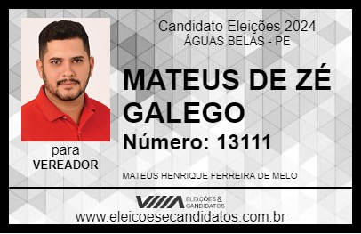 Candidato MATEUS DE ZÉ GALEGO 2024 - ÁGUAS BELAS - Eleições