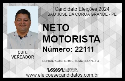 Candidato NETO MOTORISTA 2024 - SÃO JOSÉ DA COROA GRANDE - Eleições