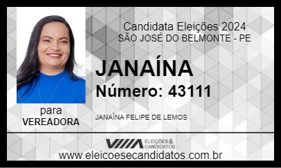 Candidato JANAÍNA 2024 - SÃO JOSÉ DO BELMONTE - Eleições