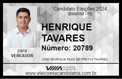 Candidato HENRIQUE TAVARES 2024 - IBIMIRIM - Eleições