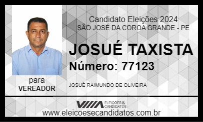 Candidato JOSUÉ TAXISTA 2024 - SÃO JOSÉ DA COROA GRANDE - Eleições