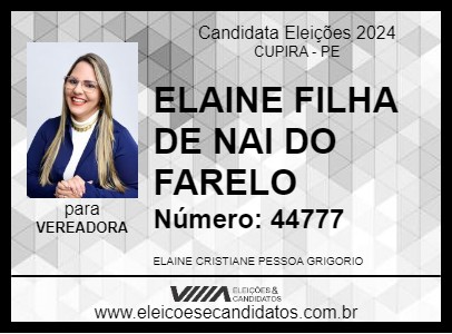 Candidato ELAINE FILHA DE NAI DO FARELO 2024 - CUPIRA - Eleições