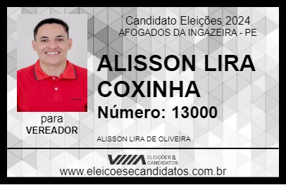 Candidato ALISSON LIRA COXINHA 2024 - AFOGADOS DA INGAZEIRA - Eleições