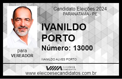 Candidato IVANILDO PORTO 2024 - PARANATAMA - Eleições