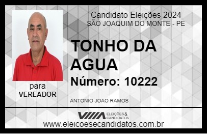 Candidato TONHO DA AGUA 2024 - SÃO JOAQUIM DO MONTE - Eleições