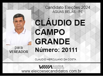 Candidato CLÁUDIO DE CAMPO GRANDE 2024 - ÁGUAS BELAS - Eleições