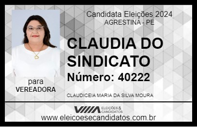 Candidato CLAUDIA DO SINDICATO 2024 - AGRESTINA - Eleições