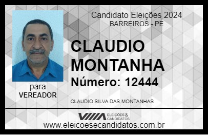 Candidato CLAUDIO MONTANHA 2024 - BARREIROS - Eleições