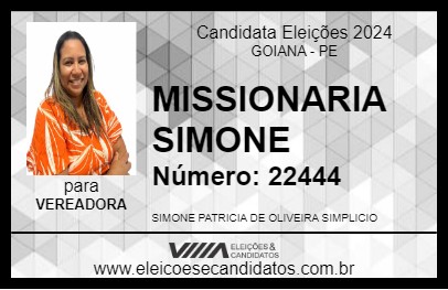 Candidato MISSIONARIA SIMONE 2024 - GOIANA - Eleições