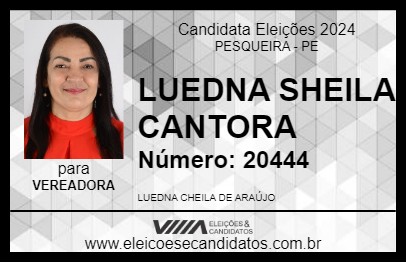 Candidato LUEDNA SHEILA CANTORA 2024 - PESQUEIRA - Eleições