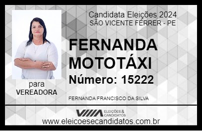 Candidato FERNANDA MOTOTÁXI 2024 - SÃO VICENTE FÉRRER - Eleições