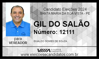 Candidato GIL DO SALÃO 2024 - SANTA MARIA DA BOA VISTA - Eleições